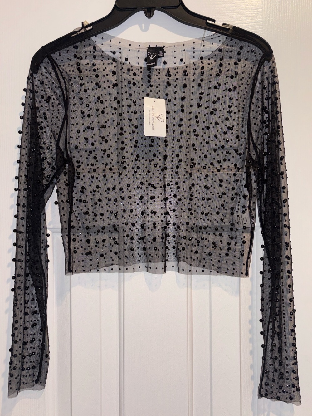 Windsor Sheer Mesh Long-Sleeve Pearl-Embellished Top in black 🖤 - Picture 5 of 12